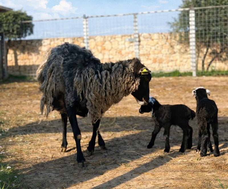 A shaggy black ewe nuzzling one of her two newborn Romanov lambs